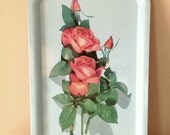 Vintage Tray Aqua Green Blue with Roses Red Metal Tin Enamel