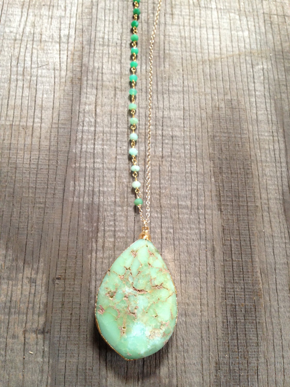 Gold edged Teardrop Chrysoprase Pendant With chrysoprase wire wrapped stone Chain Necklace