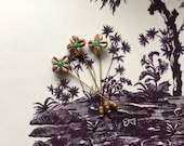 Vintage Flower Pin with Green Stone -  Four Leaf Clover Brooch