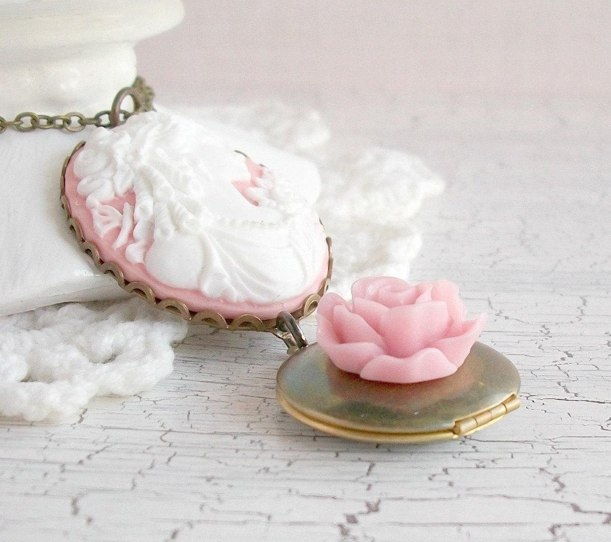 Cameo Locket Necklace Flower Locket Rose Pendant Pink White Victorian Lady Keepsake Photo Locket Vintage Style Jewelry Antique Gold Brass