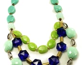 Bold, Colorful, Statement Necklace,Bib Necklace, Aqua, Blue, Lime Green, Seafoam, and Turquoise, Cool Capri