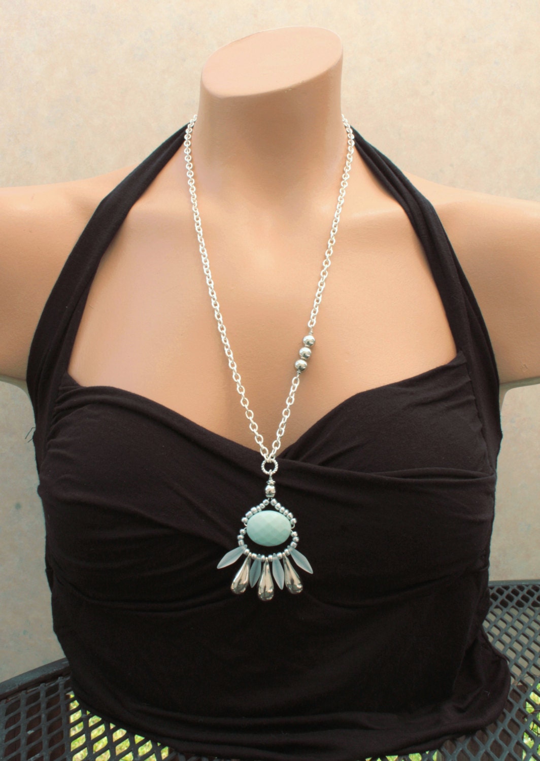 Long Statement Necklace Silver, Indie, Aqua, Seafoam, Pendant, Tribal, Fashion