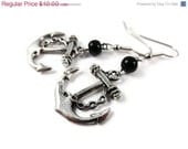 Spring SALE Antiqued Silver Anchor Earrings, Simple Earrings, Nautical Jewelry, Dangle Earrings, Black Beaded, Modern Jewelry