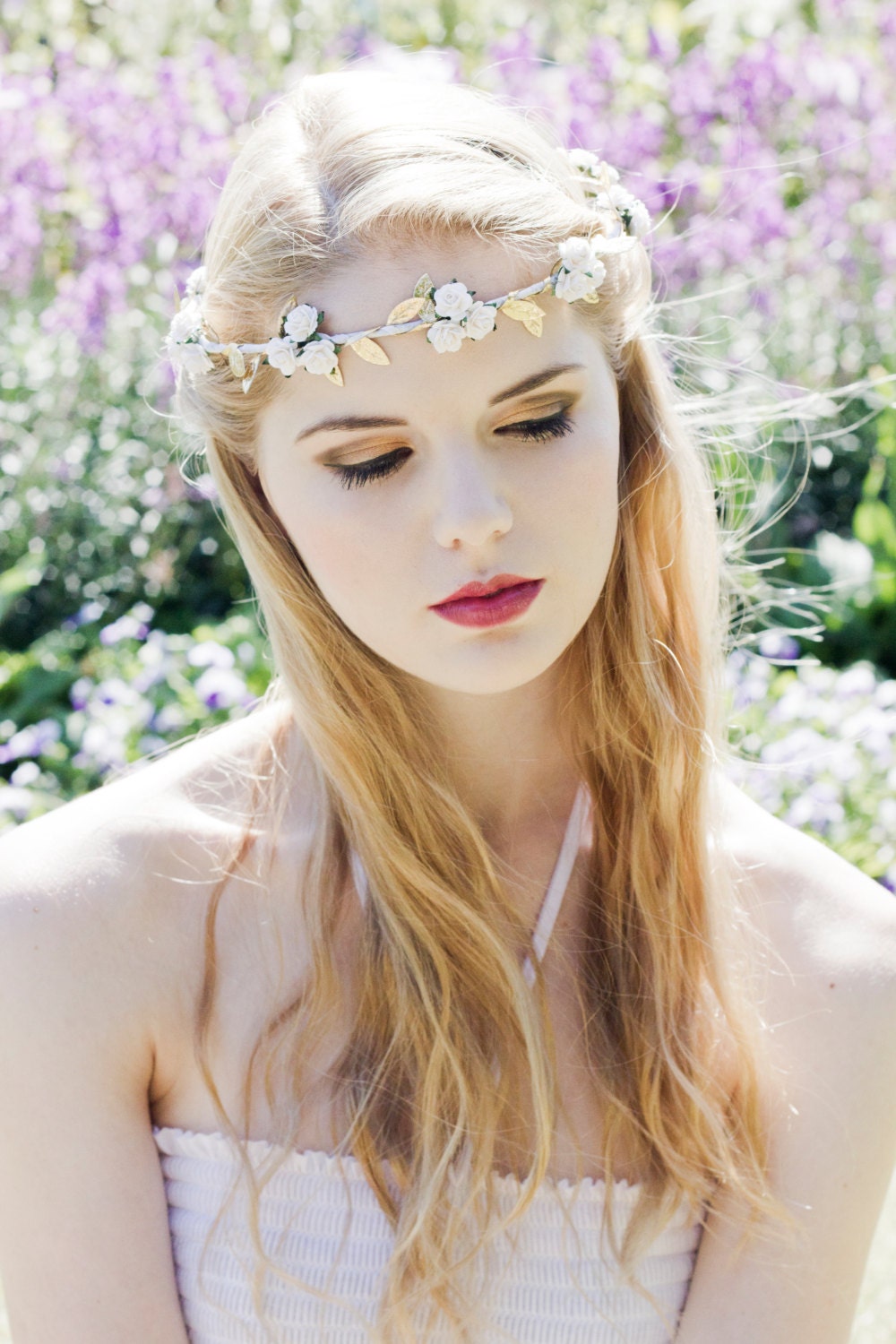 White Floral and Gold Ivy Leaf Trim Festival Floral Grecian Olympic Hair Crown/Garland