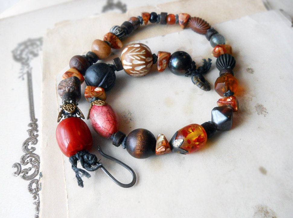 Beaded Necklace - Rustic Chunky Choker - Brown, Rust, Gold - Stone, Wood, Shell - Rich Neutrals - Rustic Assemblage Necklace
