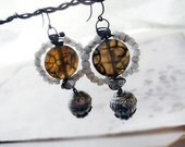 SALE - Rustic Beaded Earrings - Stone and Glass - Agate, Metal, Steel - Rustic Assemblage Earrings