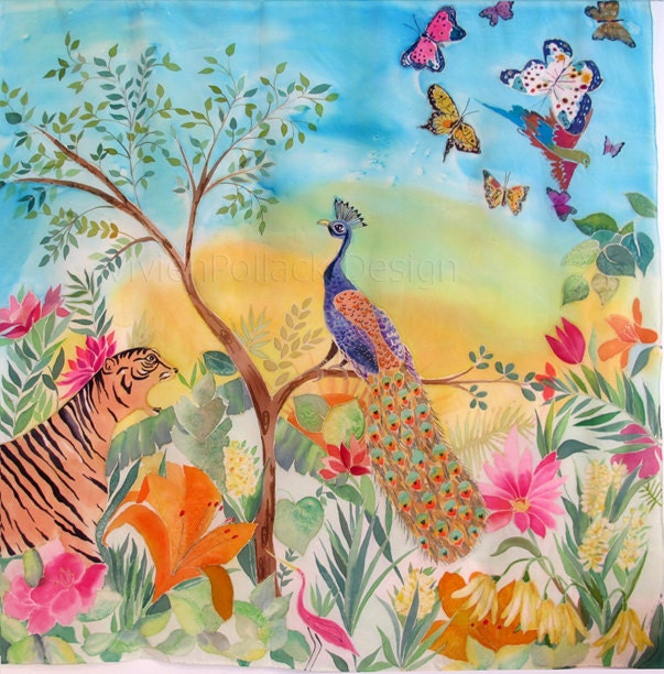Original SILK Painting to hang on wall Peacock Jungle of Paradise