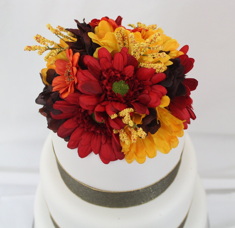 Wedding Cake Topper - Fall Red Gerbera Daisy Silk Flower Cake Topper, Wedding Cake Flowers