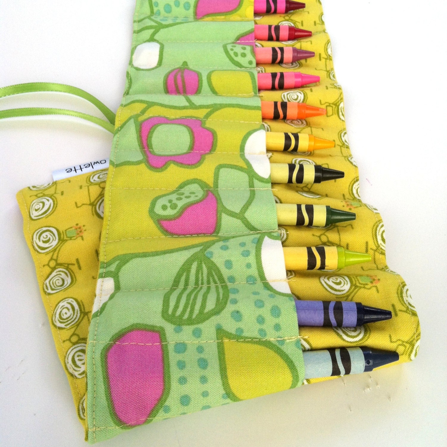 Crayon Roll, Green Bicycle Pink Flower, 16 Count, ribbon tie