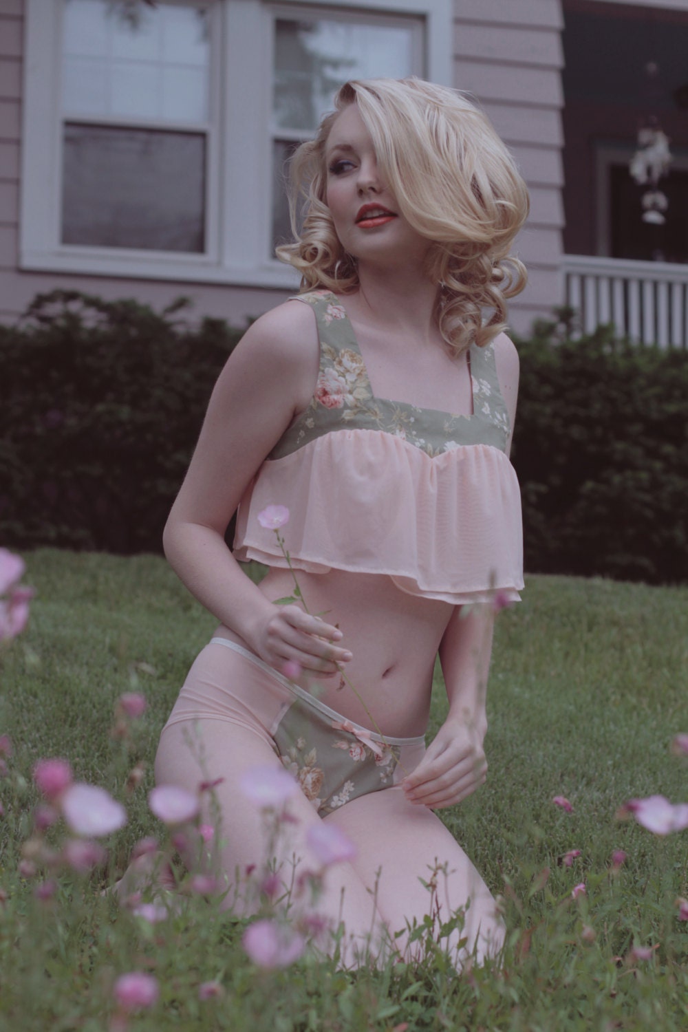 Cropped Flutter 'Rose' Cami in Peach and Sage Handmade to Order