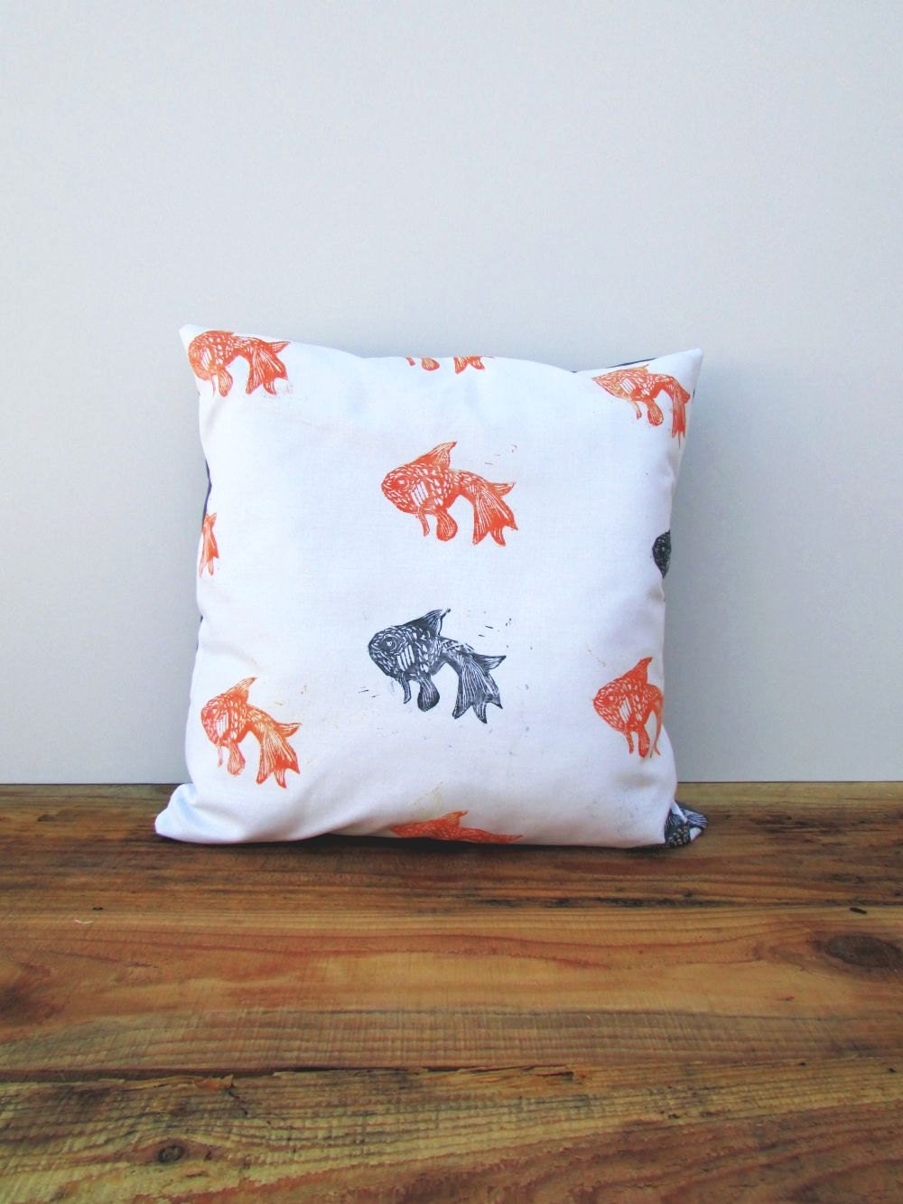 Goldfish Throw Pillow Cover. 16x16. Hand Woodblock Printed. Choose ANY Color. Made to Order.