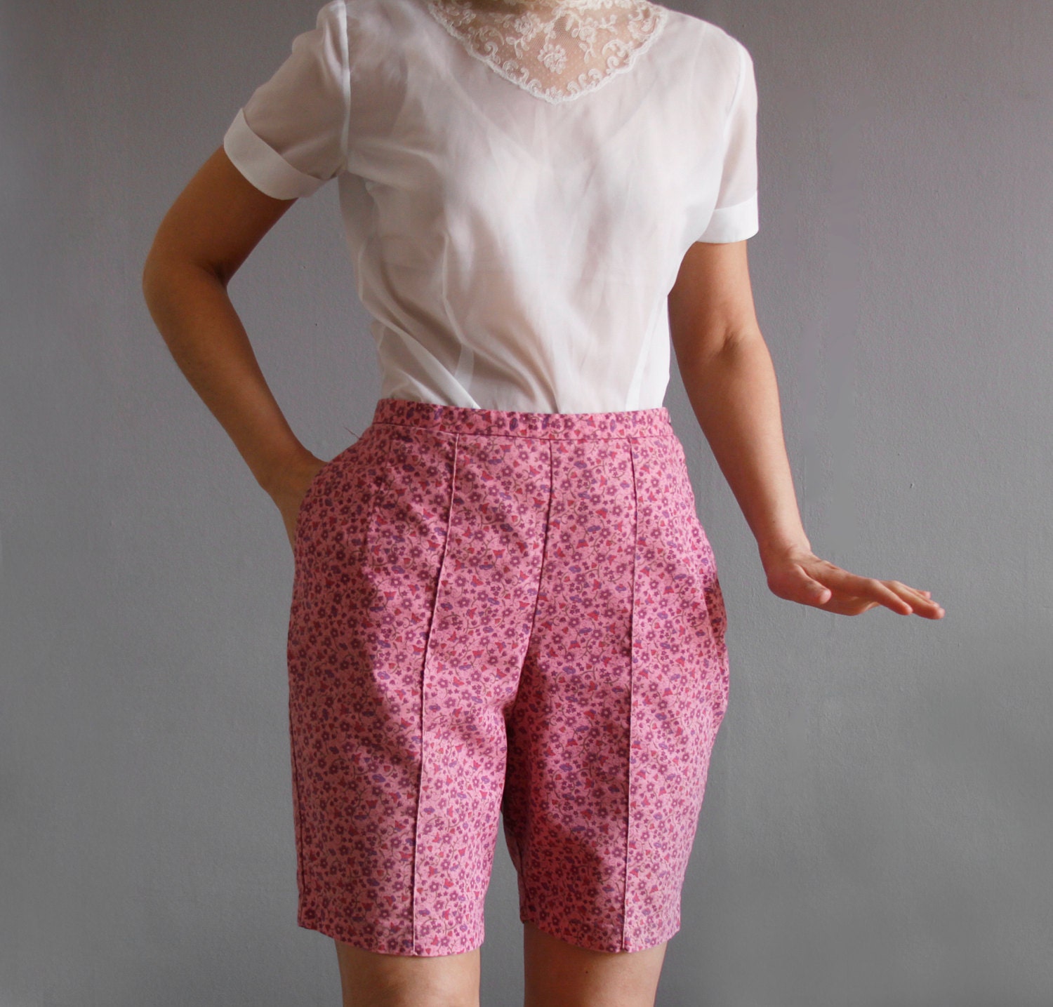 50's pink floral bermuda shorts