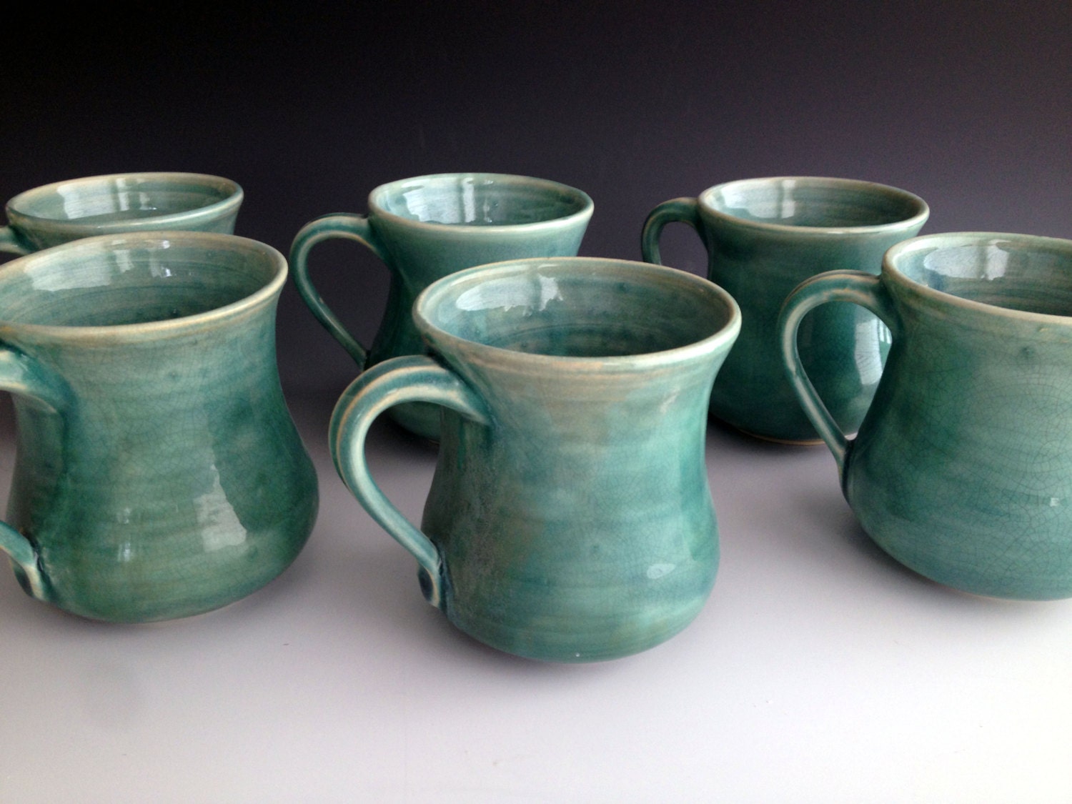 Set of six mugs, stoneware mug set in blue crackle by Leslie Freeman