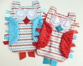 Twins Gift Owl Ribbon Tag Blankies in Contrasting Turquoise and Red Ric Rac Print Fabric and Minky Ribbon Tag Blanket Lovey Lovie