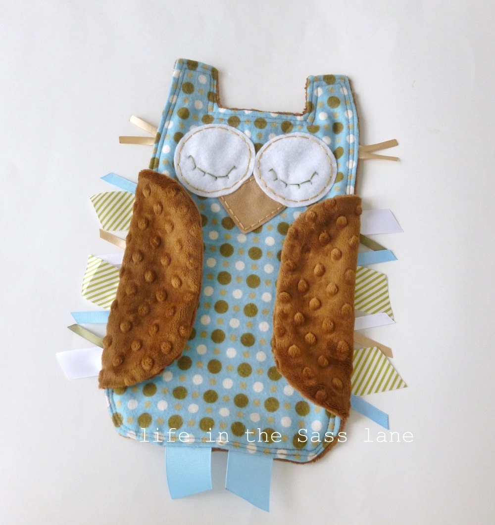 Baby Blue and Brown Woodland OWL Ribbon Tag Polka Dot Flannel and Minky Baby Blankie Blanket Lovey Lovie Baby Gift