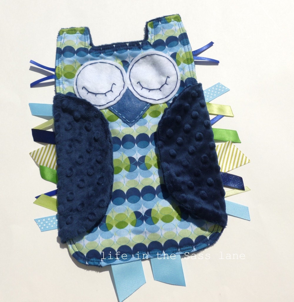 Blue and Green OWL Ribbon Tag Baby Blanket with Navy Blue Minky Blankie Lovey Lovie Boy Gift
