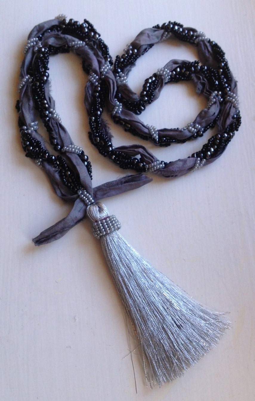 Beaded Necklace with Sari Silk and Tassle
