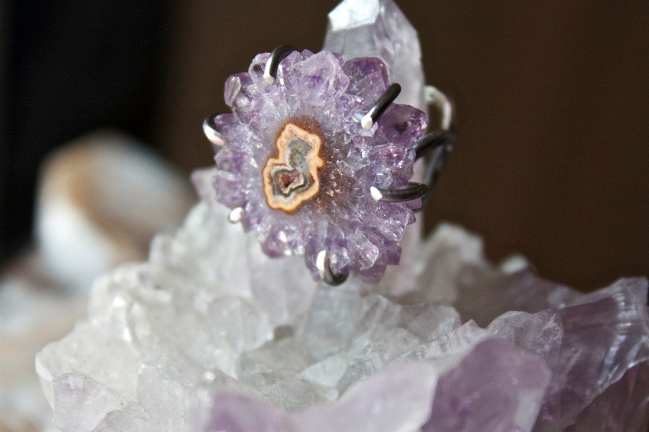 Amethyst Stalactite Slice Sterling Silver Cocktail Ring... Fractals...