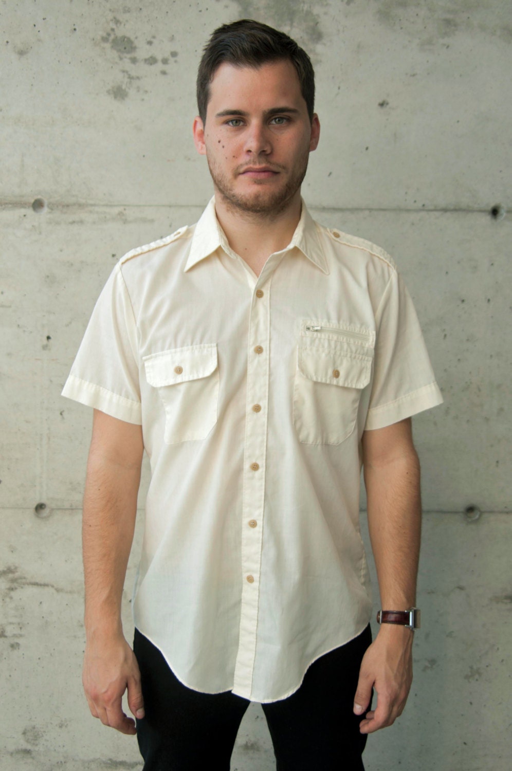 Retro Male Button Up / Short Sleeves Safari Shirt / Male Summer Shirt