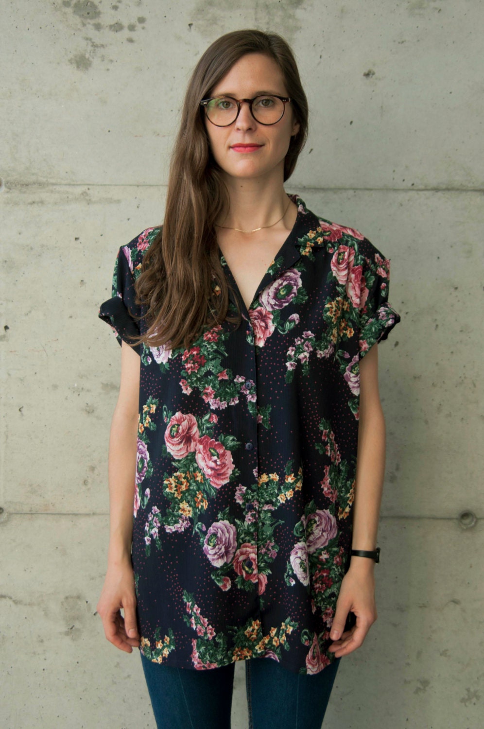 Oversized Floral Blouse / Rose Patterned Button Up / Navy and Polkadot Shirt