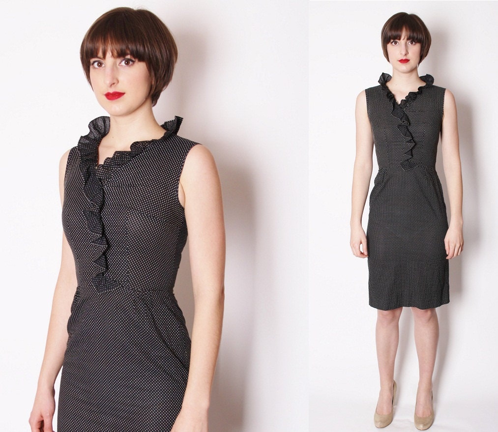 Vintage 1950s Black and White Tiny Polka Dot Ruffle Collar Wiggle Dress / Wiggle Dress / 1950s Cocktail Party Dress / Polkadot / 1776