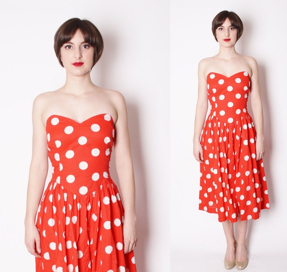 Vintage 1950s Red Polka Strapless Sweetheart Neckline Cocktail Party Dress / Strapless Dress / 1950s Dress / Rockabilly Dress / 1777