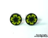 Yellow and Black Flower Stud Earrings Polymer Clay Fimo Sculpted Art