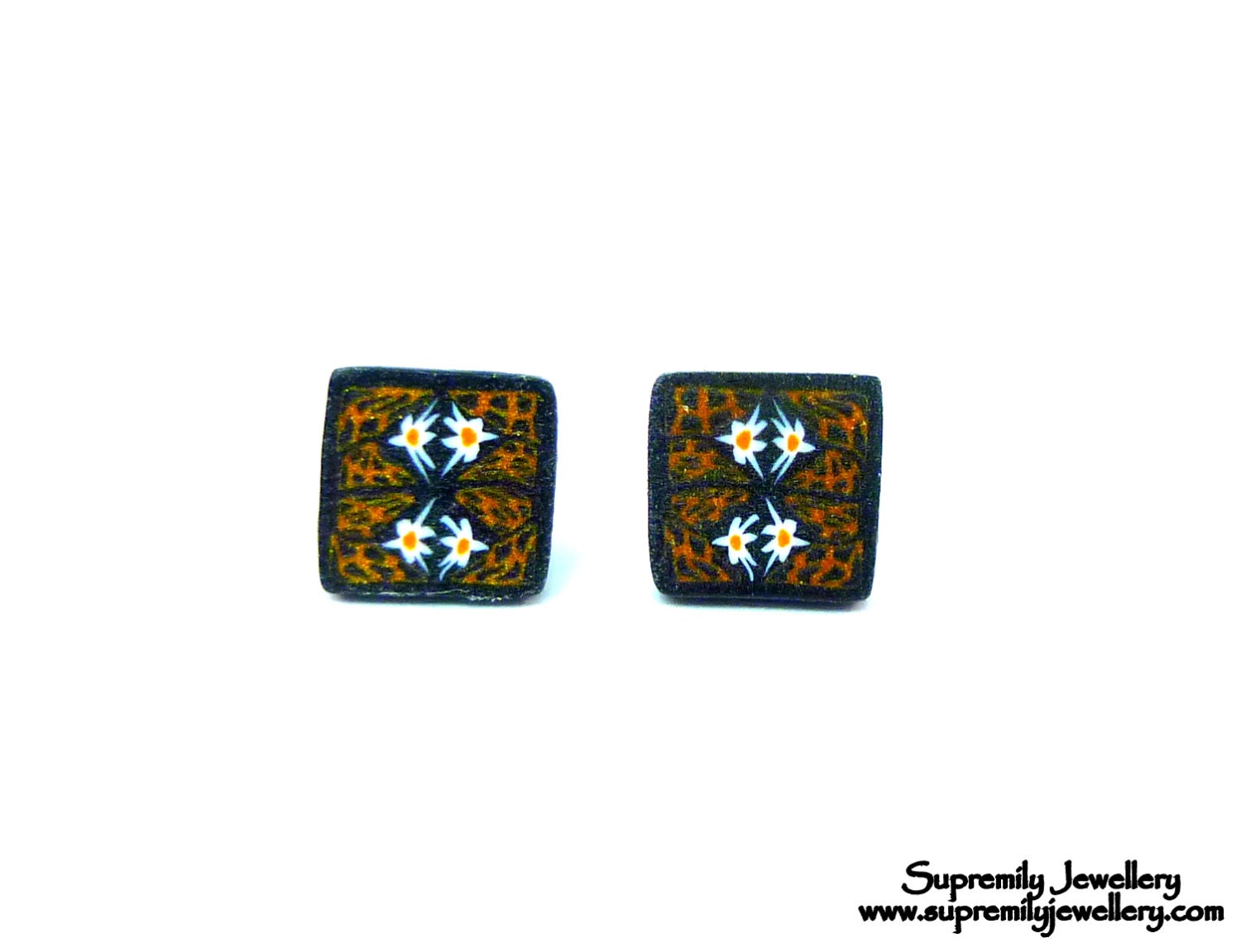 Leopard Daisy Square Stud Earrings Fimo Polymer Clay Wearable Art