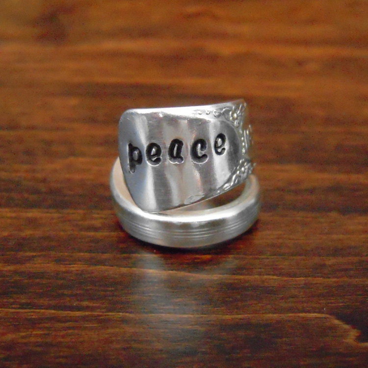 Recycled Spoon Ring, Eco-Friendly Hand Stamped Jewelry - PEACE