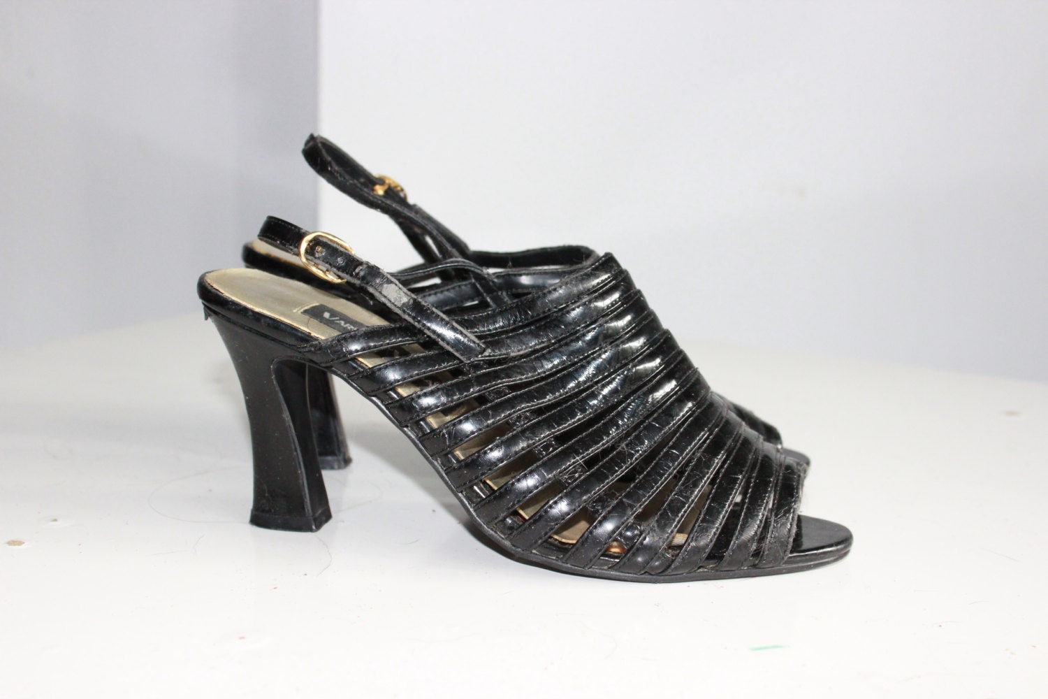 60% OFF SALE - 70s Cage Sandals - Disco Heels - Black Patent Leather - Square Heel - Sling Backs - Women's Size 6.5 - 7