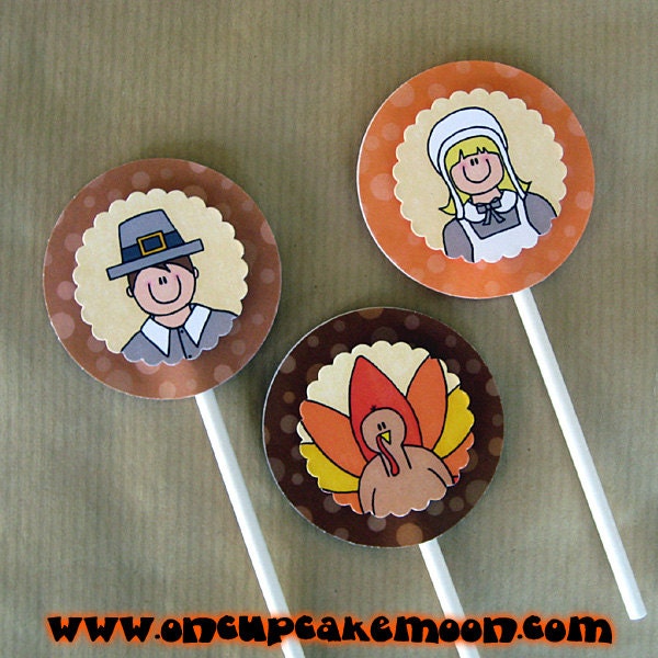 thanksgiving pilgrims and turkey cupcake cake toppers decorations personalized - set of 12