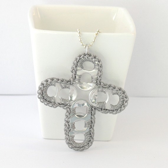 pop tab cross necklace - grey, crochet - 22 inch