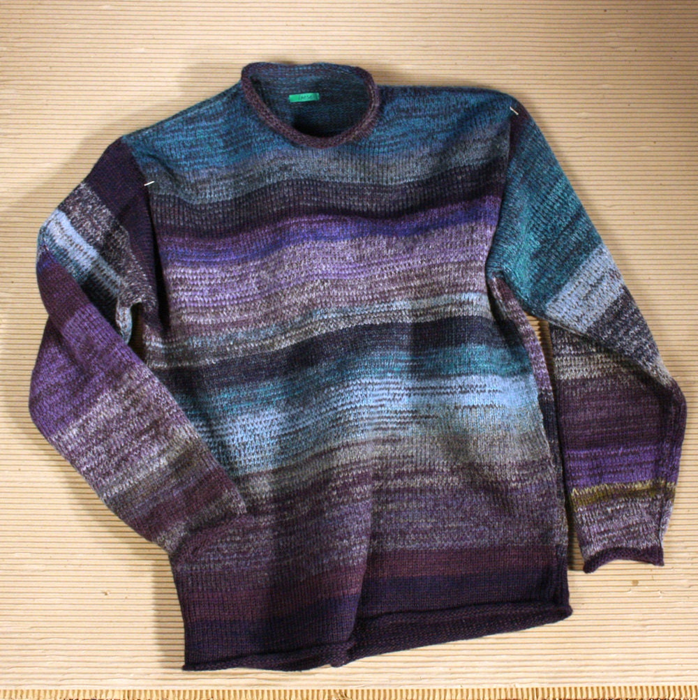 Unisex Crewneck Sweater, size L Mens (XL womens) casual and artsy knit cotton tape and kid mohair one of a kind sweater - Lake Tenaya