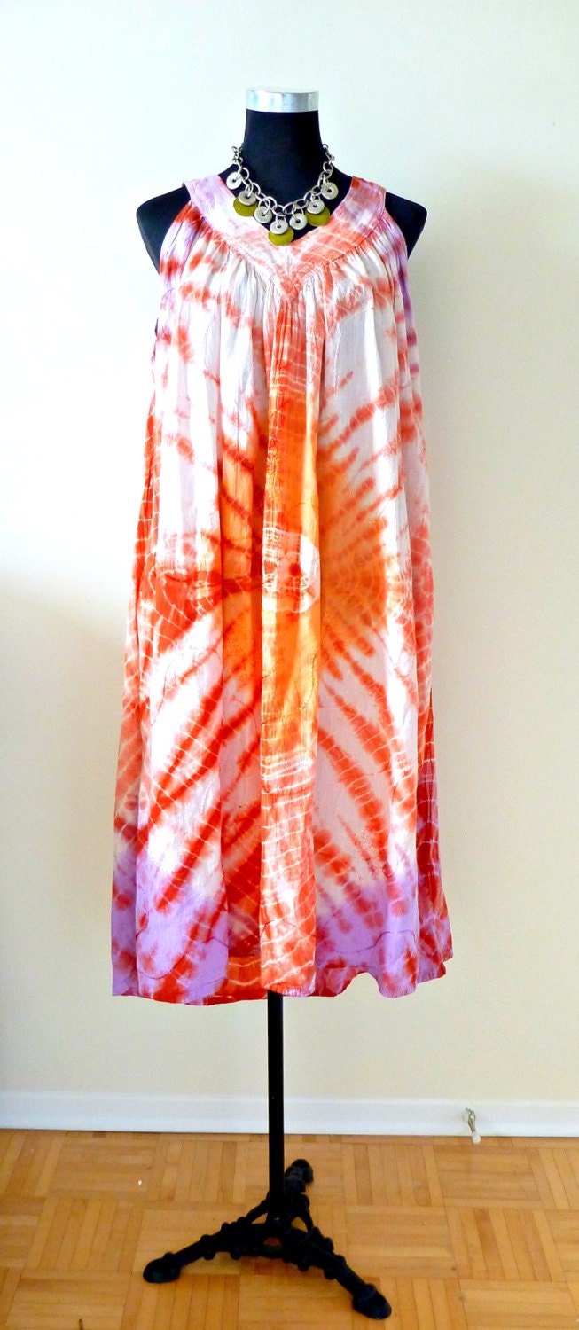 80s Tie Dye Dress- Hippie, Oversized, Hipster, Boho, Orange, Lilac, Tank Dress, Urban Outfitters
