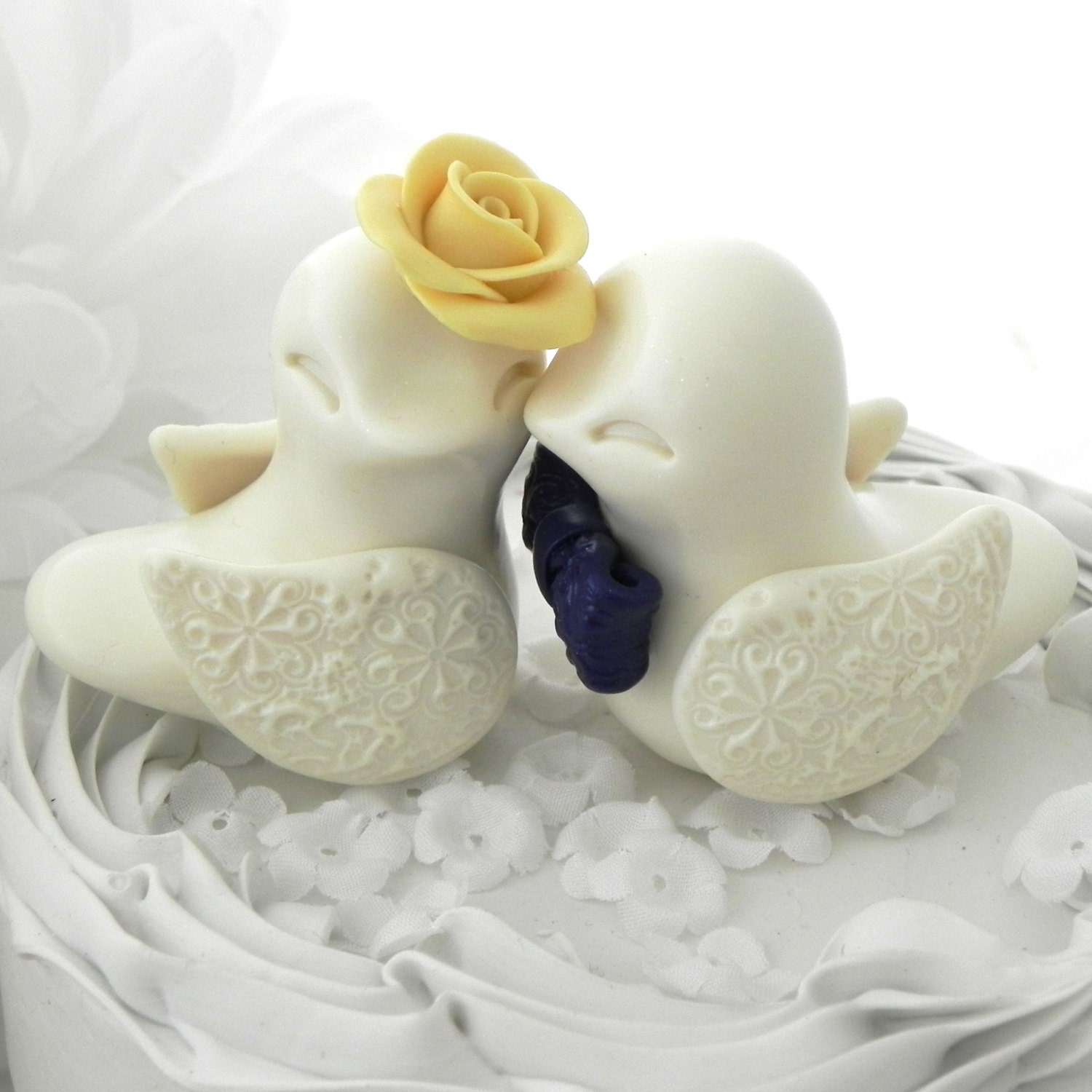 Wedding Cake Topper - Love Birds - Ivory, Navy Blue, Yellow - Bride and Groom Keepsake - You choose colors