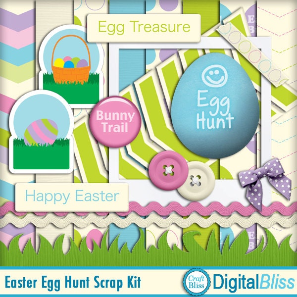 Easter Digital Scrapbook Kit - Easter Egg Hunt Kit - INSTANT Download - Digital Papers Elements Easter Spring -Pink Blue Purple Green Il_170x135