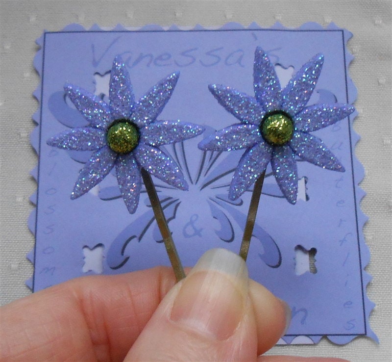 Flower Bobby Pins, Periwinkle Blue with Green - Glitter Star Flowers Hair Pin - Prom  Accessories