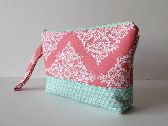 diaper and wipes clutch -- coral & mint