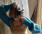 Turquoise Crochet Bolero Shrug - Mohair, Upcycled Silk - Long Sleeve, Billow Sleeve - Aqua, Teal, Women Fashion Clothing Nymph Fairy Psy