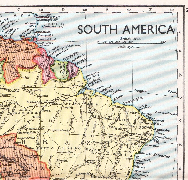 vintage South America map school map Brazil Peru Venezuela Argentina map decor