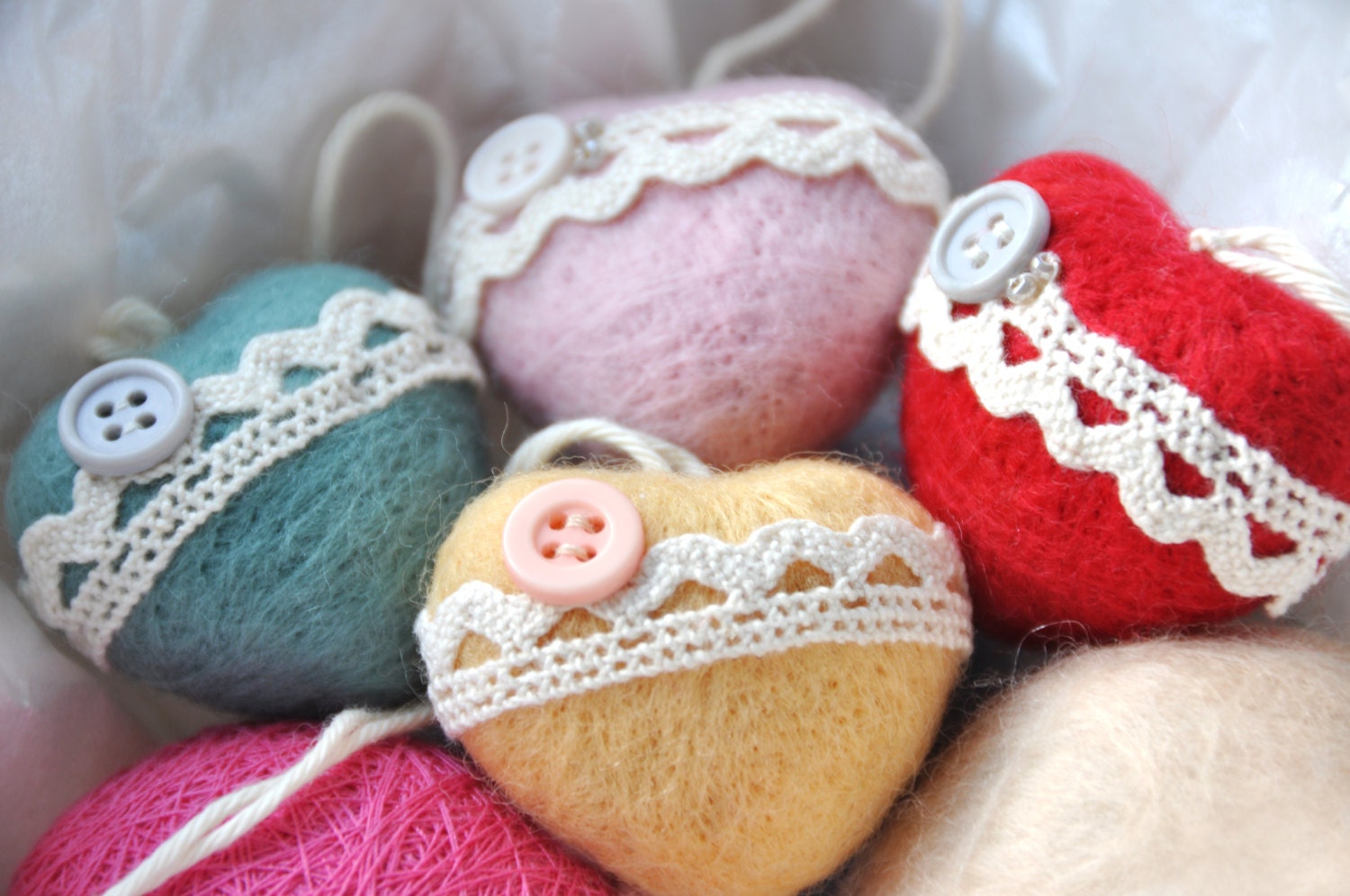 4 Needle Felted Heart Ornaments with Vintage Laces and Buttons
