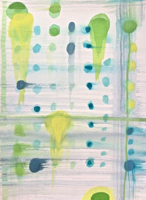 Color Study 11- Starburst-Abstract Watercolor on Archival Paper-Modern- Organic--Denim Blue-Lime-Lemon-Turquoise- Green- White Background