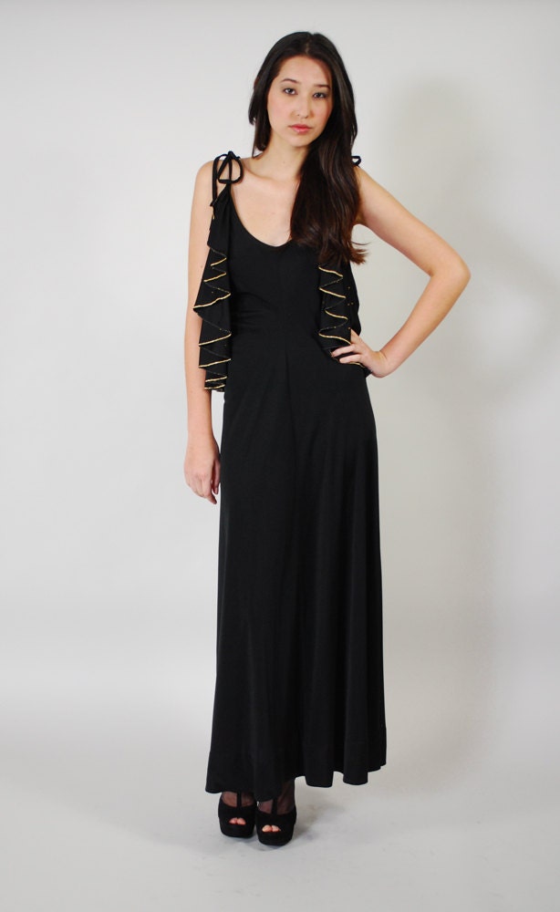 Vintage Maxi Dress 70s Plunging Back GLAM Butterfly Ruffle Beaded Sleeveless Dress LBD S