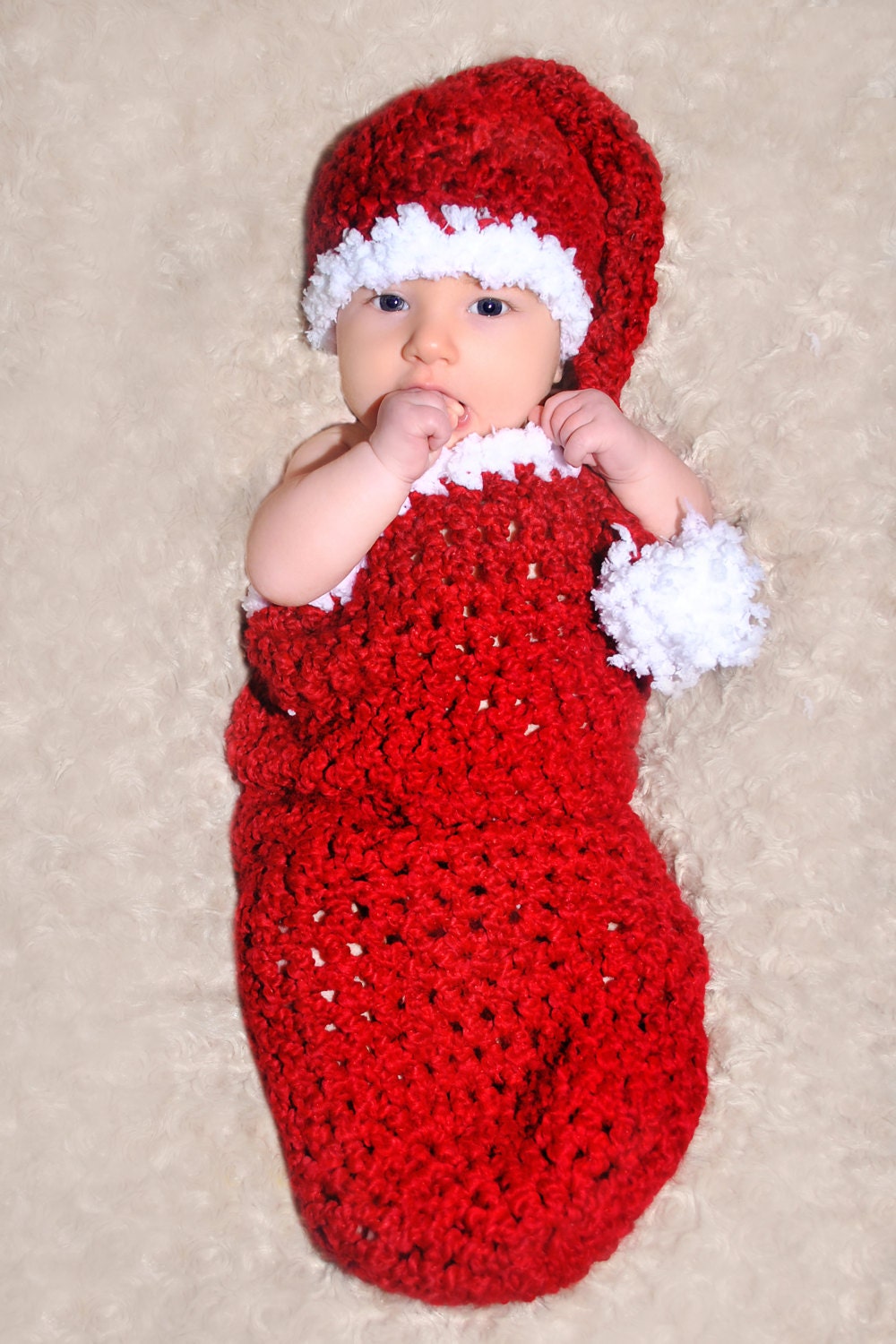 CROCHET PATTERN  - Santa Baby Cocoon and Matching Sleeper Hat Set - Great Photo Prop - Easy - PDF 405 - Sell what you Make