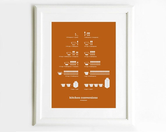 Kitchen Conversions Art Poster, Pumpkin Orange, Kitchen Art, Kitchen Posters, Kitchen Measurements, 13x19