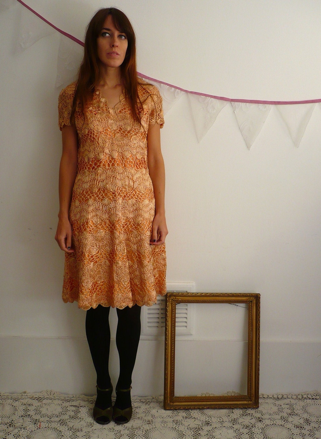 1960's Crochet Ribbon Wiggle Shift Dress Size Medium