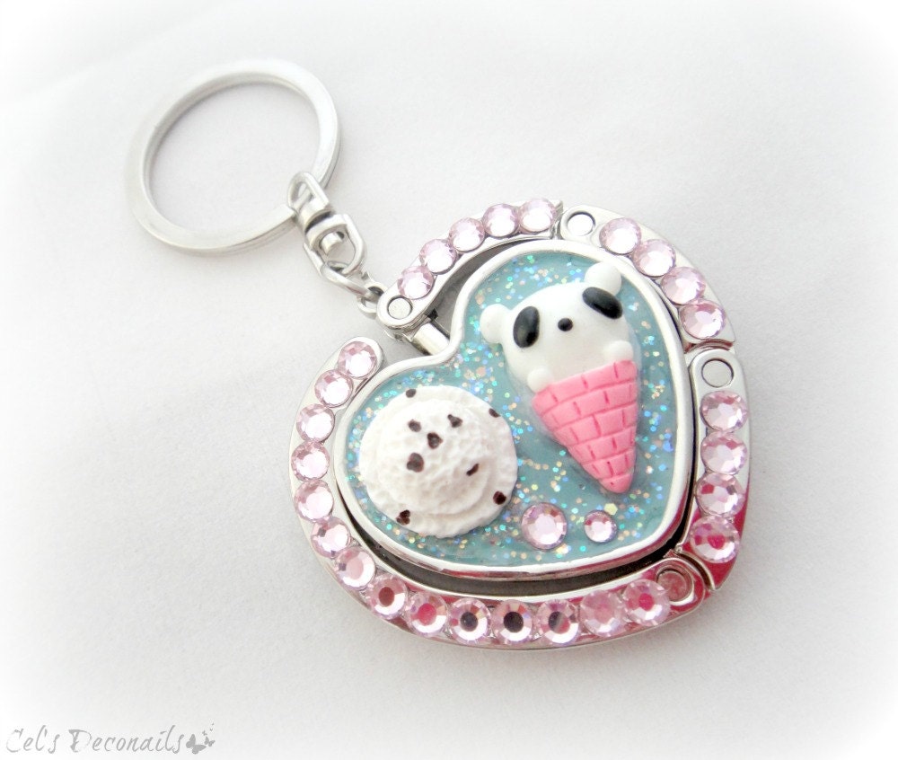 Ice cream panda purse hook, heart shaped keychain, bag charm, kawaii accessories