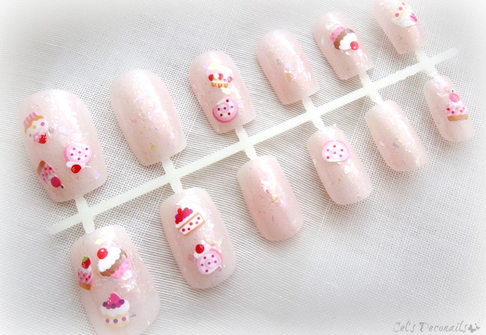 Cakes and flakes pink kawaii deco nails, cute false nail set