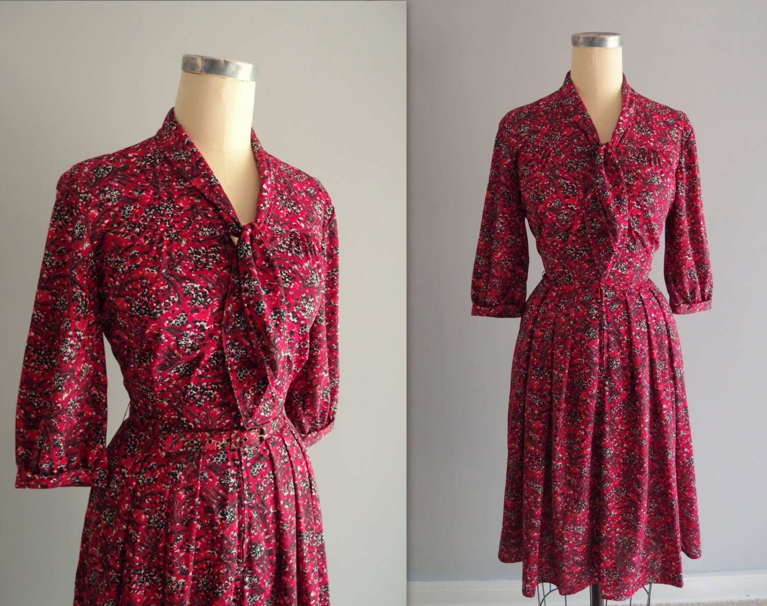 50s Dress / Red Fern nylon jersey dress with tie collar by Sheldon Strollers ... 26 to 30 waist