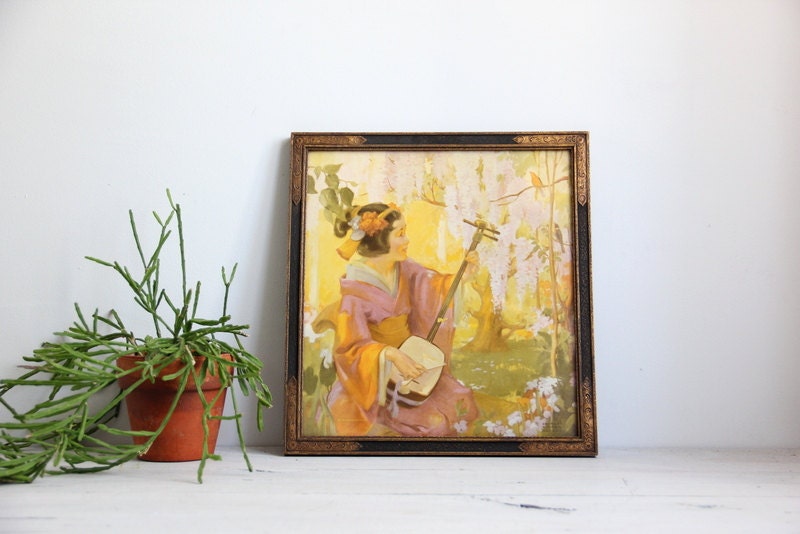 vintage asian modern framed litho